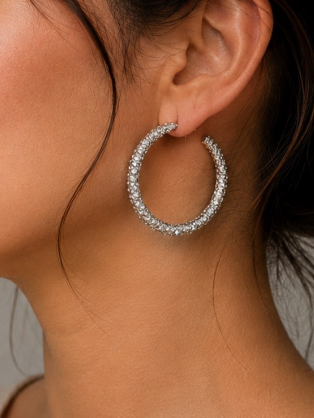 Elegant Silver Crystal Hoop Earrings - Women Jewelry
